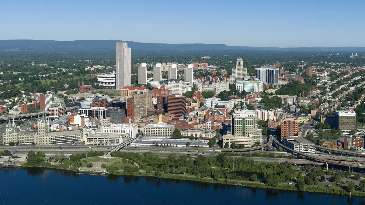 Skyline of downtown Albany, New York (pop. 99,224), the capital city of the U.S. state of New York
