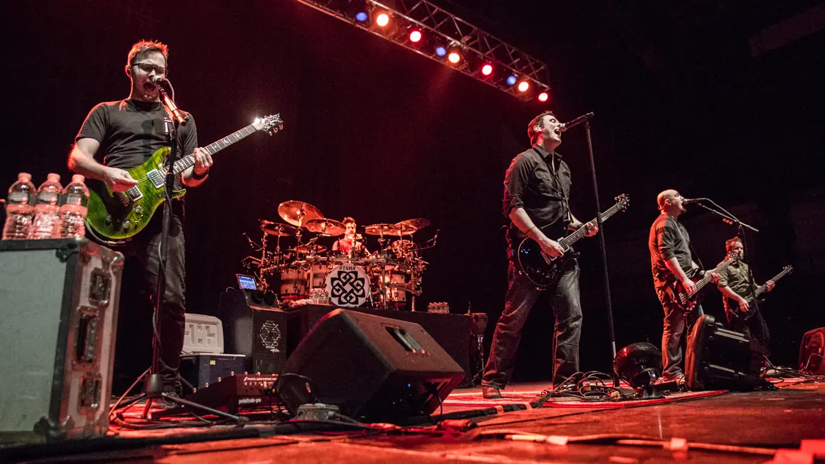 Breaking Benjamin playing live at the Main Street Armory in Rochester, New York on February 14, 2015. From left to right, Keith Wallen (guit