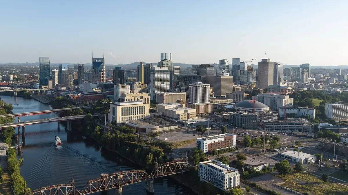 Aerial view of Nashville, Tennessee, the state capital and a city of 689,447 people on the Cumberland River