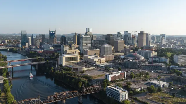 Aerial view of Nashville, Tennessee, the state capital and a city of 689,447 people on the Cumberland River