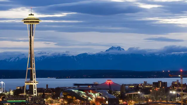 Seattle Center as night falls