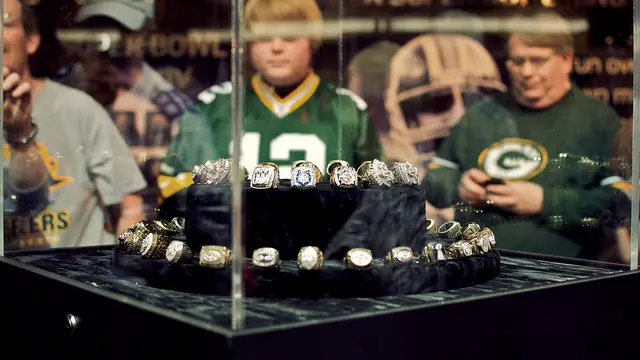 A display of Super Bowl rings at The NFL Experience for Super Bowl XLV in Dallas, Texas