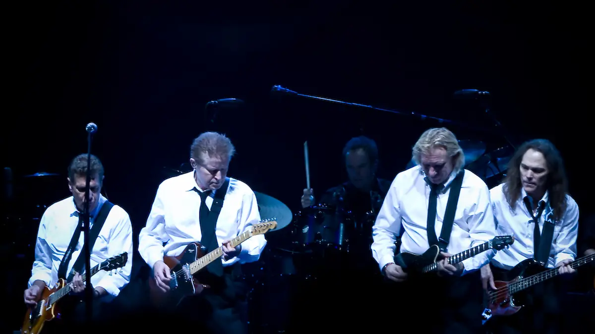 The Eagles band from California. From left to right are: Glenn Frey, Don Henley, Joe Walsh, and Timothy B. Schmit during their Long Road out